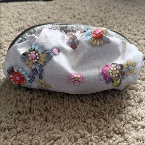 LeSportsac Light Gray Floral Zip Cosmetic Pouch with Multicolor Flowers
